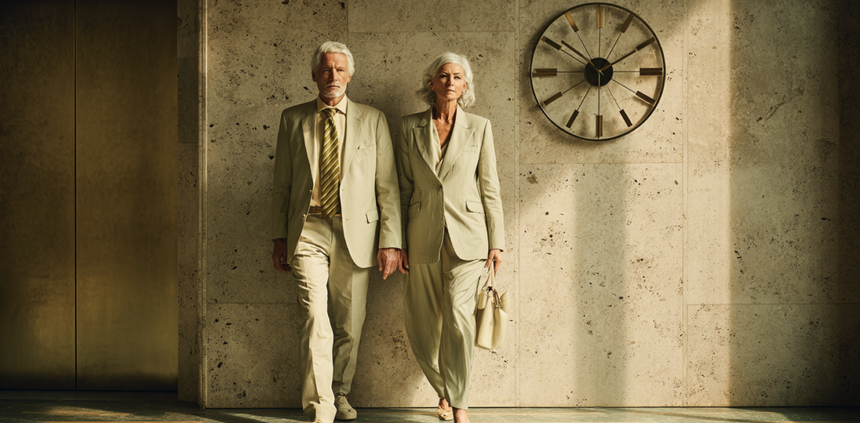 Two adults of similar chronological age represented through subtly different physical and biological cues, illustrating the distinction between calendar age and the body’s changing physiological condition.