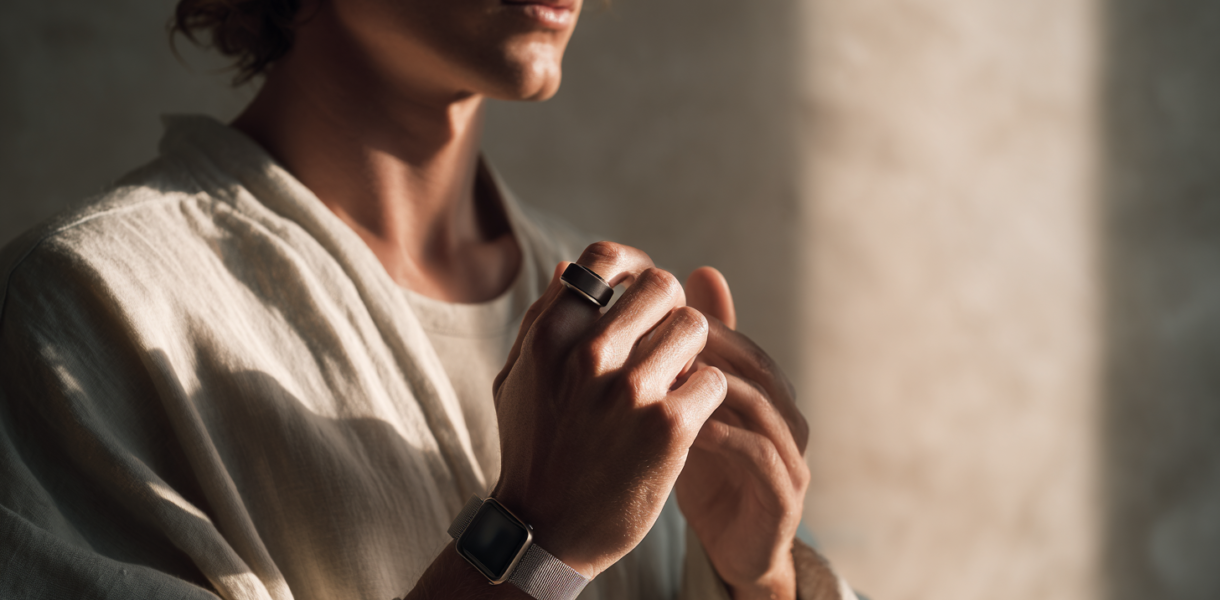 A sophisticated adult wearing discreet health technology in a calm modern setting, representing how smartwatches, smart rings, and continuous personal data are becoming part of preventive health.