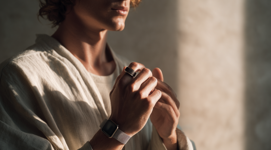 A sophisticated adult wearing discreet health technology in a calm modern setting, representing how smartwatches, smart rings, and continuous personal data are becoming part of preventive health.