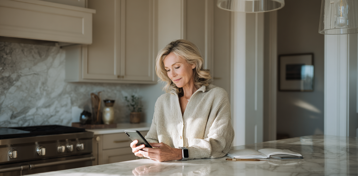 A consumer managing appointments, health information, wearable data, and virtual care from a refined everyday environment, representing the growing demand for accessible, transparent, and personalized healthcare.