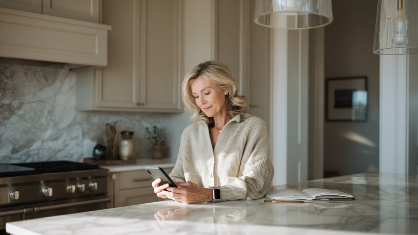 A consumer managing appointments, health information, wearable data, and virtual care from a refined everyday environment, representing the growing demand for accessible, transparent, and personalized healthcare.