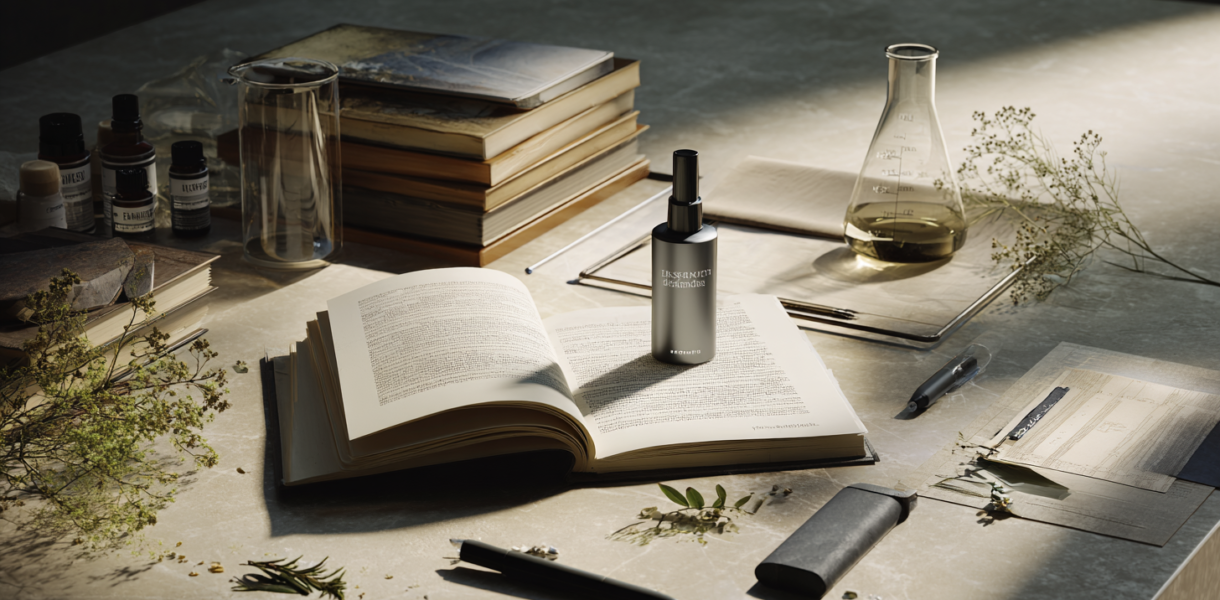An editorial still life combining scientific literature, health technology, and wellness products to illustrate the importance of evaluating health claims through evidence rather than marketing.