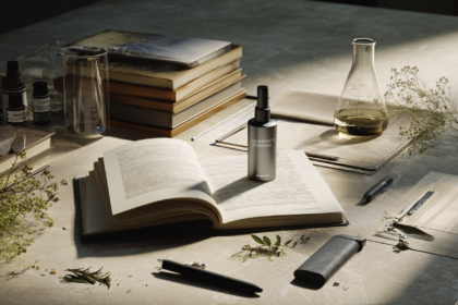 An editorial still life combining scientific literature, health technology, and wellness products to illustrate the importance of evaluating health claims through evidence rather than marketing.