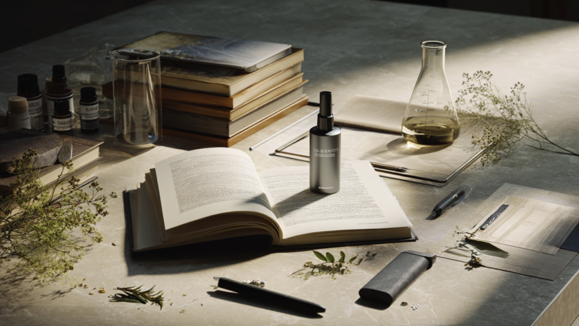 An editorial still life combining scientific literature, health technology, and wellness products to illustrate the importance of evaluating health claims through evidence rather than marketing.