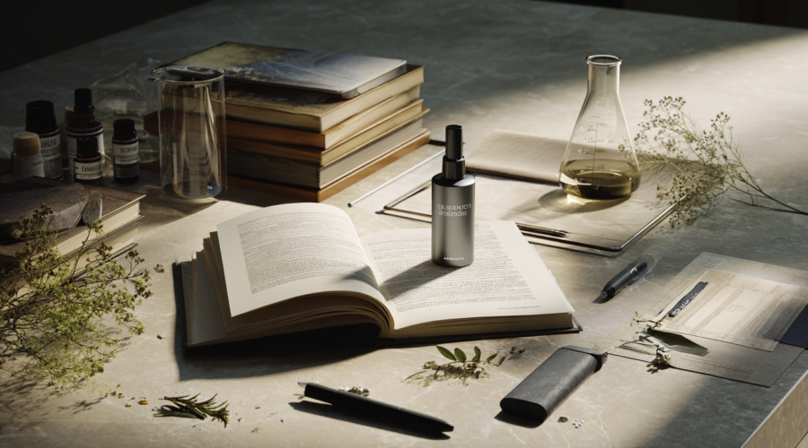 An editorial still life combining scientific literature, health technology, and wellness products to illustrate the importance of evaluating health claims through evidence rather than marketing.