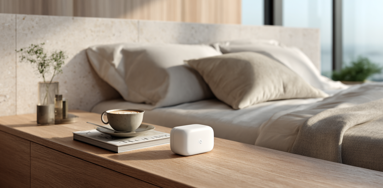 A refined contemporary bedroom illustrating how sleep has evolved from a nightly routine into a measurable pillar of preventive health, recovery, and longevity through modern health technology.