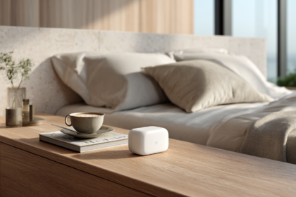 A refined contemporary bedroom illustrating how sleep has evolved from a nightly routine into a measurable pillar of preventive health, recovery, and longevity through modern health technology.