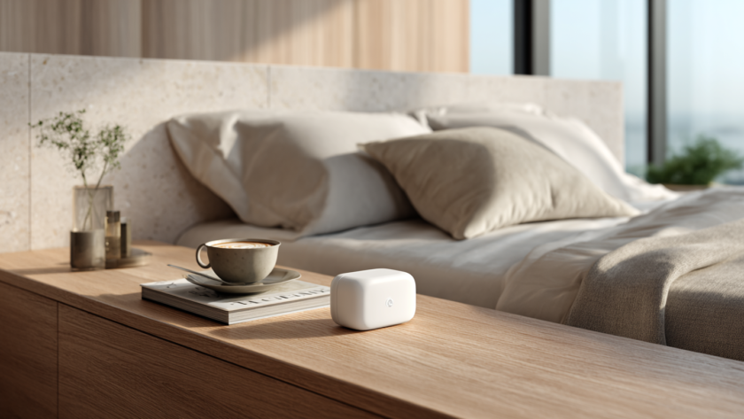 A refined contemporary bedroom illustrating how sleep has evolved from a nightly routine into a measurable pillar of preventive health, recovery, and longevity through modern health technology.