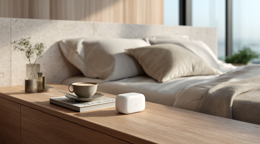 A refined contemporary bedroom illustrating how sleep has evolved from a nightly routine into a measurable pillar of preventive health, recovery, and longevity through modern health technology.